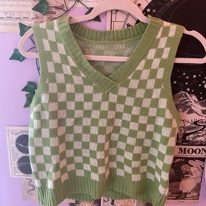 shein green & white gingham checkered sweater vest